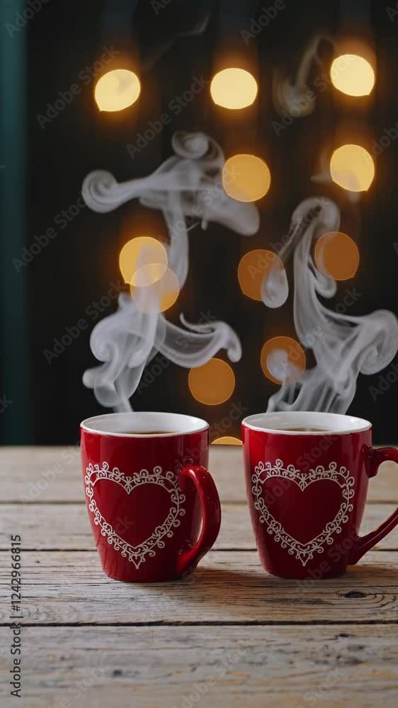 Poster two matching red mugs with heart designs, steaming in front of a soft, bokeh-filled backdrop.