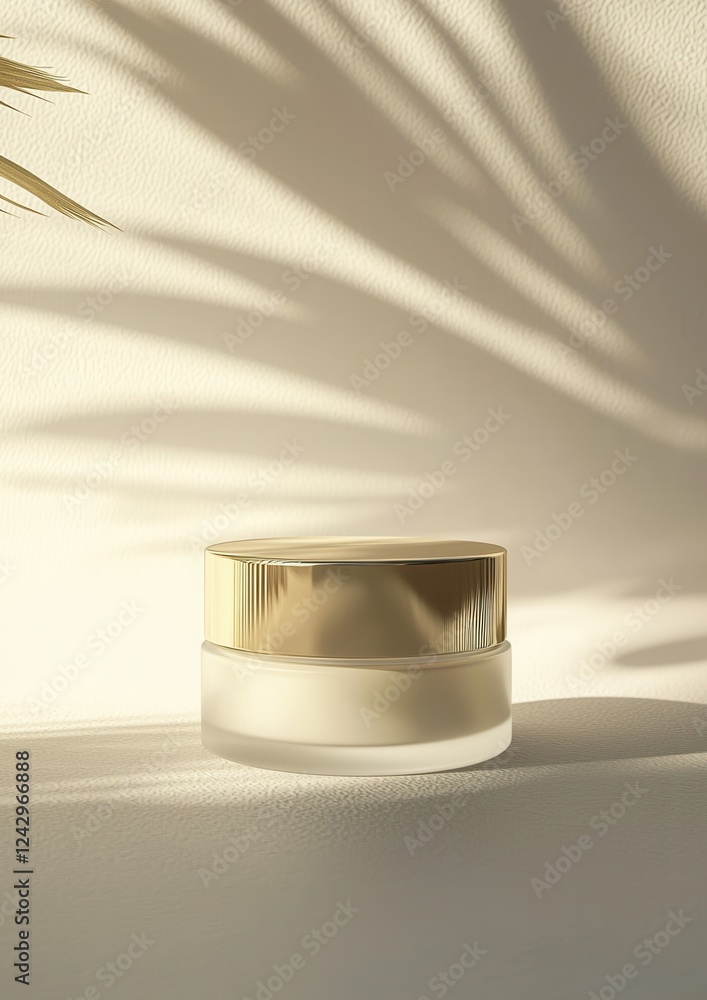 Poster 3d rendering of a round, gold-colored jar with a lid. the jar is placed on a white surface with a sh