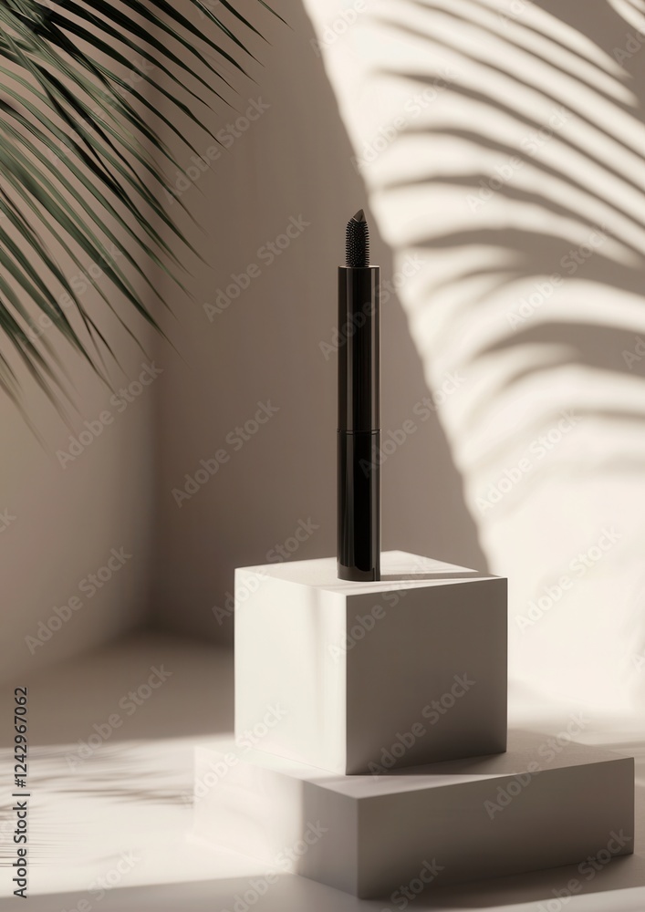 Poster black mascara on a white pedestal. the mascara is cylindrical in shape and has a pointed tip. it is 