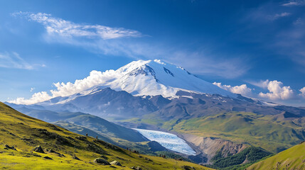 Fototapeta premium The majestic Mount Elbrus with its two snow-capped peaks, the bright blue sky with thin clouds covering the slopes, Ai generated images