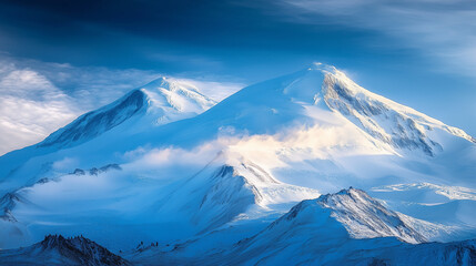 The majestic Mount Elbrus with its two snow-capped peaks, the bright blue sky with thin clouds covering the slopes, Ai generated images