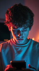 A teenage boy stares, fixated, at his cellphone, looking concerned or distressed. Tall portrait format 9:16 with space for copy.