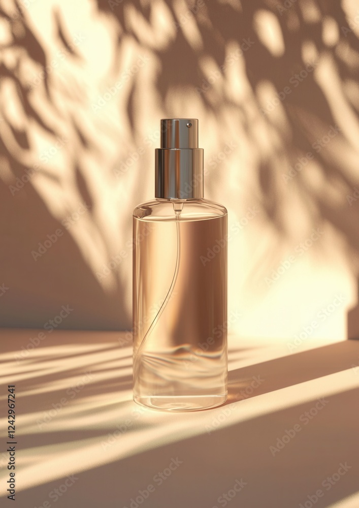 Poster 3d rendering of a perfume bottle. the bottle is made of transparent glass and has a silver spray noz