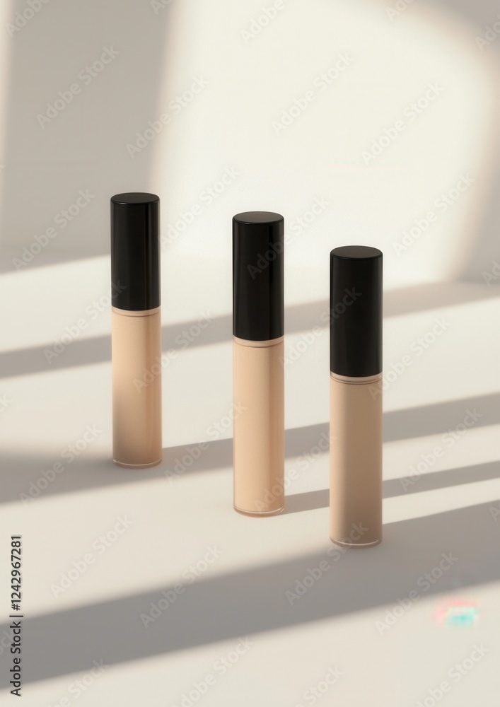 Poster three cylindrical bottles of foundation or concealer arranged in a row on a white surface.