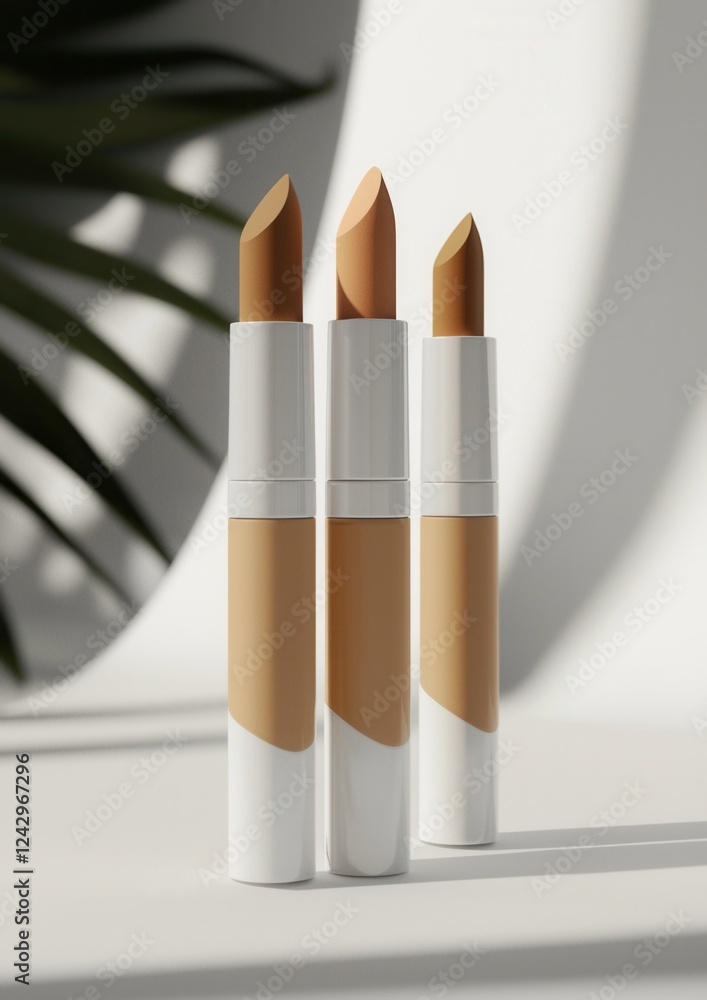 Poster three lipsticks of different shades of beige color arranged in a row on a white surface. the lipstic