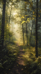 Fototapeta premium Ethereal Misty Morning in a Dense Forest Illuminated by Gentle Sunlight