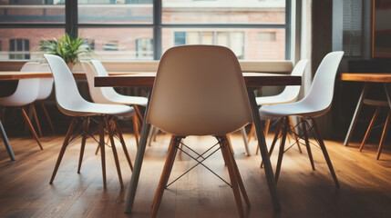 Obraz premium modern office space with wooden tables and white chairs, featuring large windows and natural light. setting is minimalistic and inviting, with touch of greenery from plant