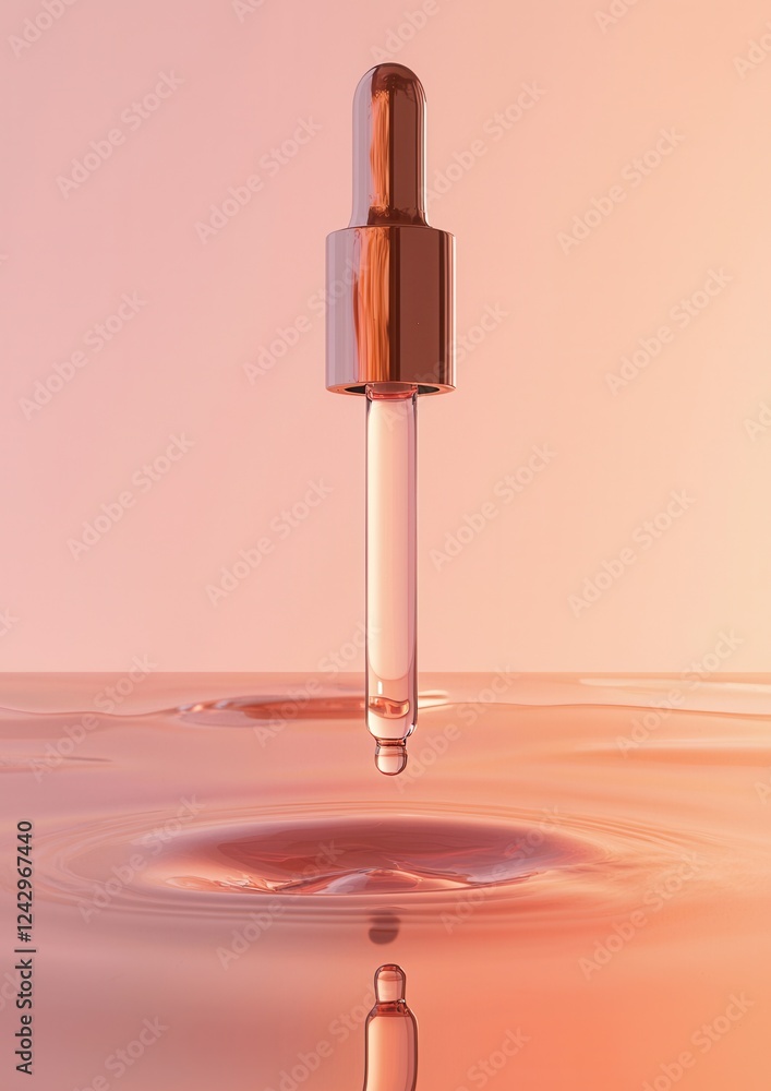 Poster 3d rendering of a dropper bottle with a copper-colored cap. the dropper is in the center of the imag