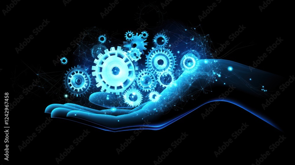 Poster glowing mechanical gears float above hand in dark background for tech or innovation use