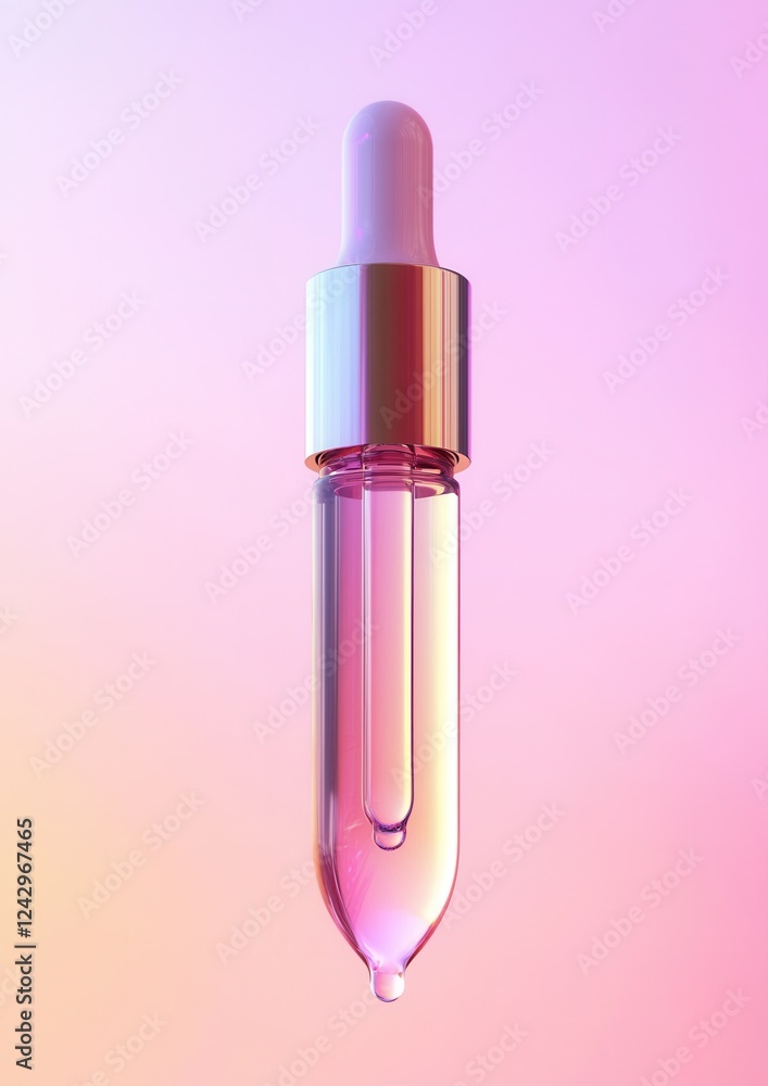Poster 3d rendering of a dropper bottle. the bottle is made of transparent glass and has a silver cap. the 