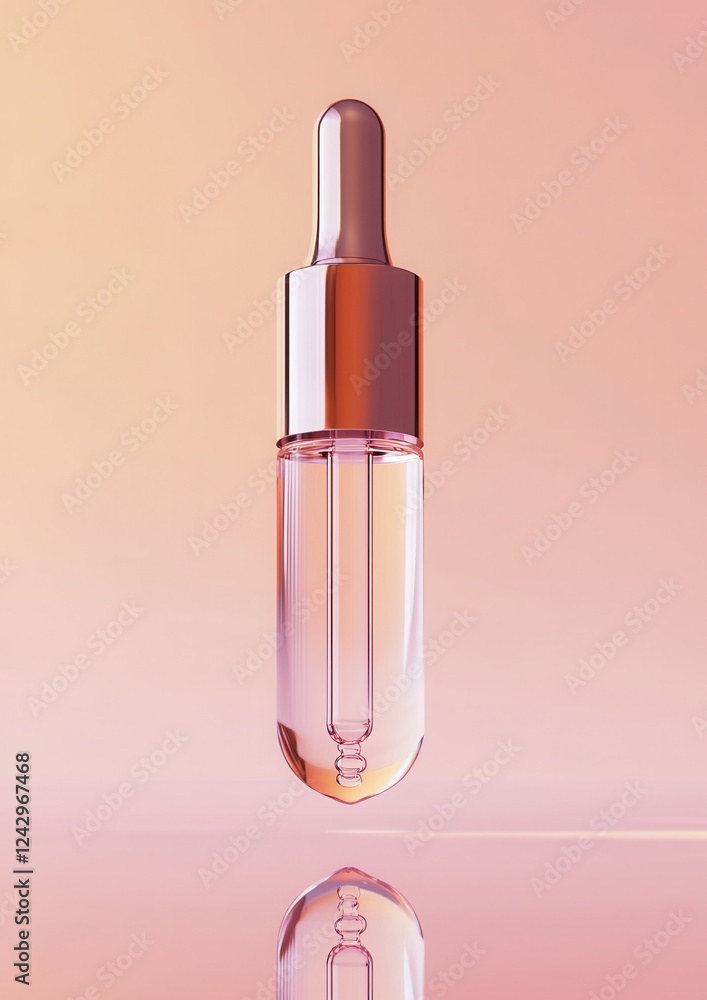 Poster 3d rendering of a dropper bottle. the bottle is made of transparent glass and has a gold-colored cap