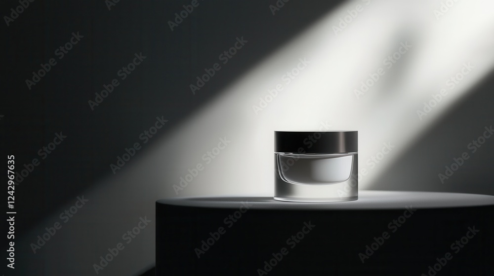 Poster black and white photograph of a small glass jar with a black lid on a round table. the jar is placed
