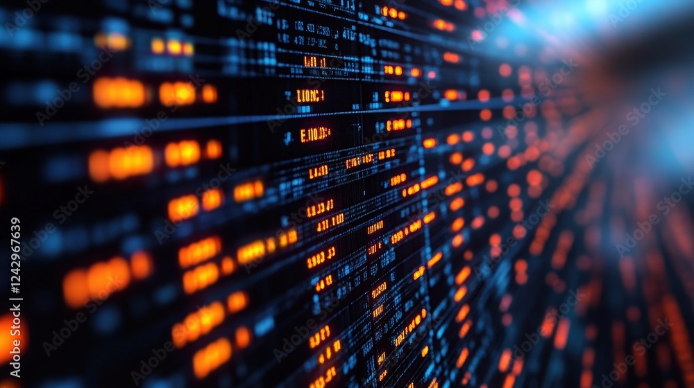 Poster abstract digital data stream with glowing orange lines on a dark background, representing technology