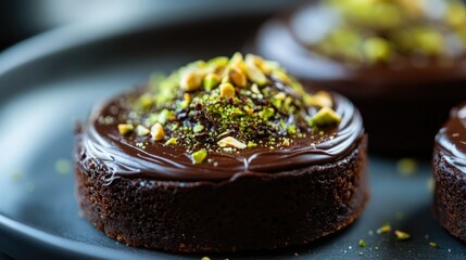 Close-up of a rich Dubai chocolate tart topped with green kataifi and crushed pistachios.