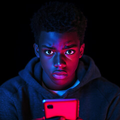 A young black man or teen looks up from his phone with an expression of concern or distress. Square format.