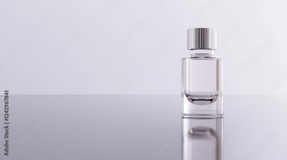 Aufkleber small glass bottle with a silver cap. the bottle is empty and is placed on a reflective surface. the