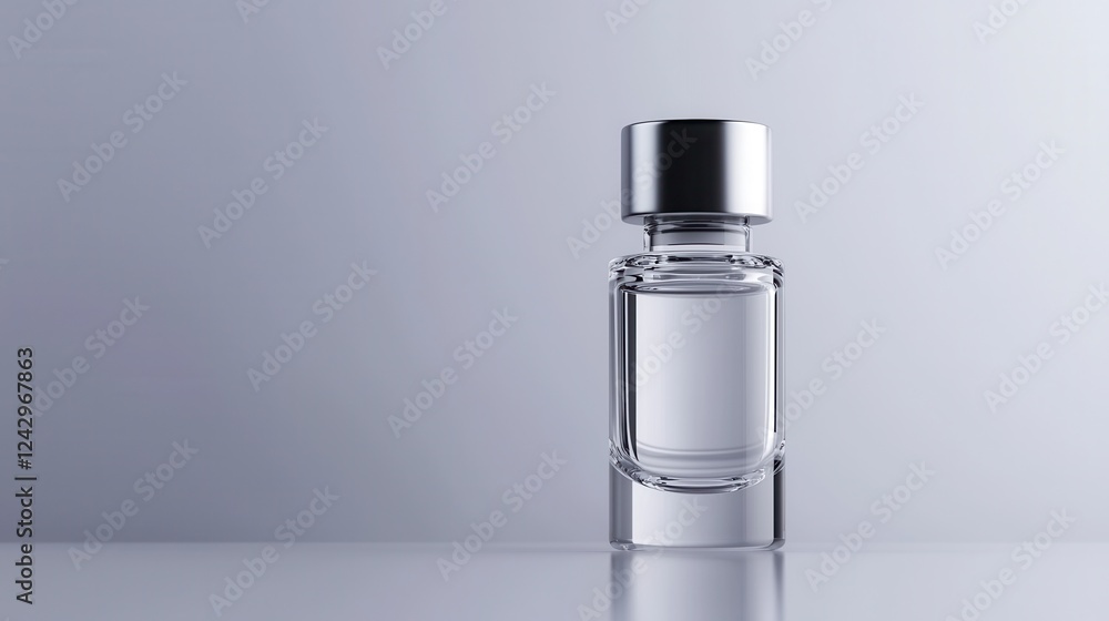 Poster 3d rendering of a small glass perfume bottle with a black cap. the bottle is empty and is placed on 