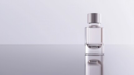 Small glass bottle with a silver cap. the bottle is empty and is placed on a reflective surface. the background is a plain white color. the reflection of the bottle can be seen on the surface below.