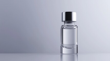 3d rendering of a small glass perfume bottle with a black cap. the bottle is empty and is placed on a reflective surface.