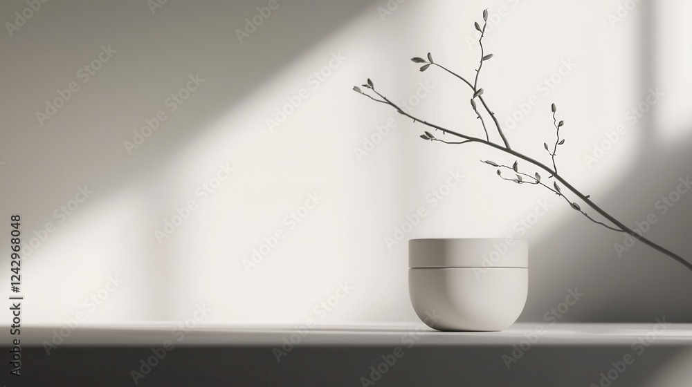 Aufkleber black and white photograph of a small white vase with a thin branch on the right side. the vase is p