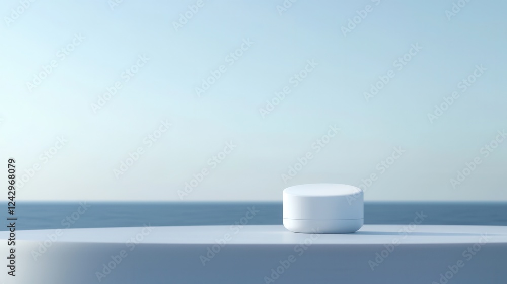 Poster white cylindrical object on a white surface with a blue sky and ocean in the background. the object 