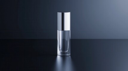Tall, cylindrical glass bottle with a silver cap. the bottle is placed on a black surface with a dark blue background.