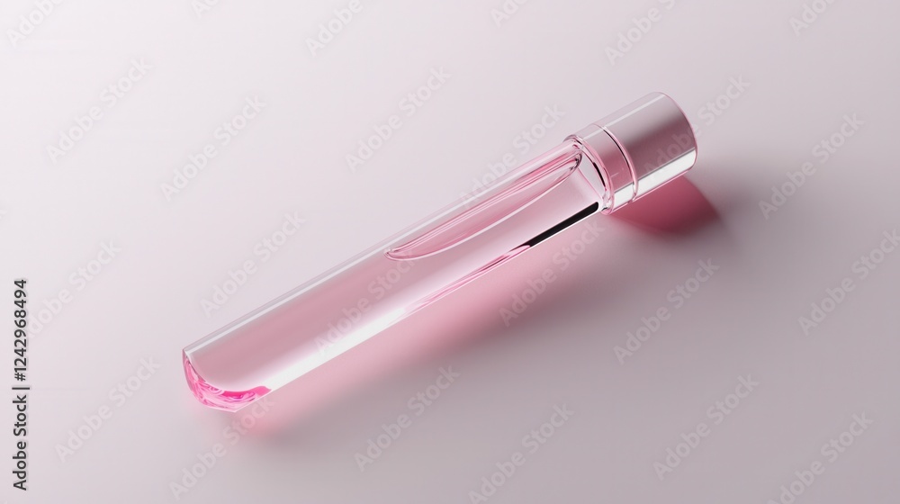 Poster 3d rendering of a pink perfume bottle. the bottle is made of transparent glass and has a cylindrical