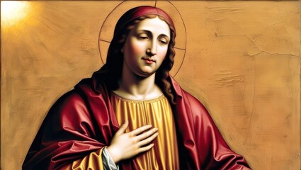 Classical Renaissance Religious Portrait with Divine Figure in Crimson and Golden Robes Against Traditional Sacred Background. 5