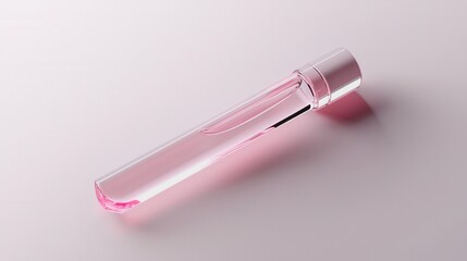 3d rendering of a pink perfume bottle. the bottle is made of transparent glass and has a cylindrical shape with a pointed tip.