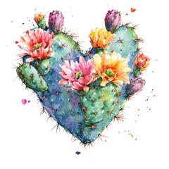 Heart-Shaped Cactus with Colorful Flowers in a Vibrant Design