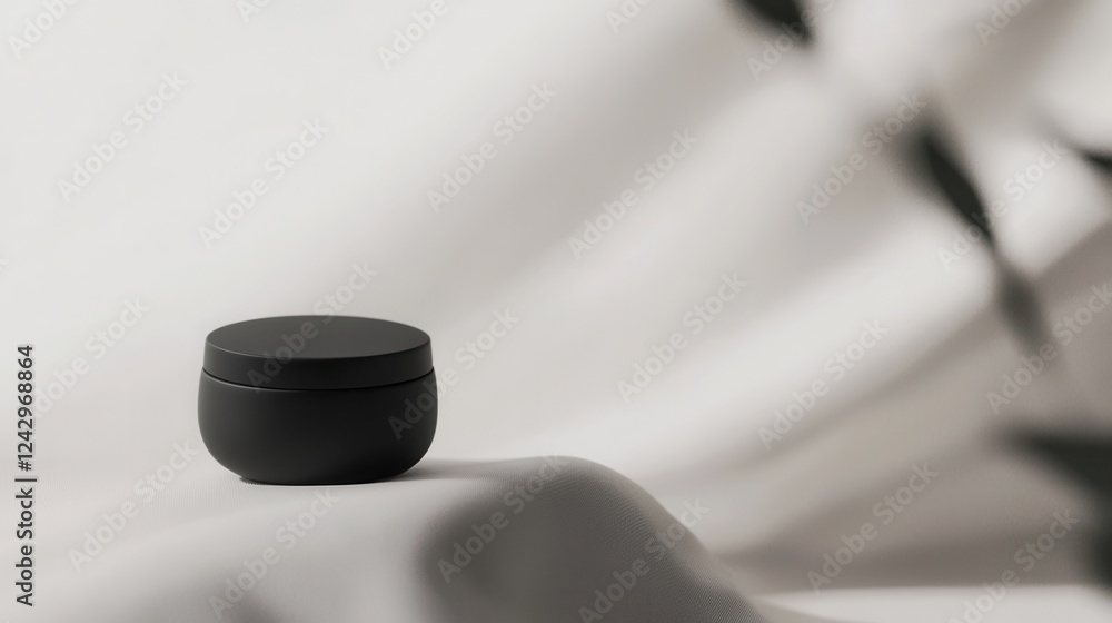 Aufkleber close-up of a small black jar with a round lid. the jar is placed on a white fabric with a blurred b