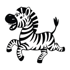 A white background with a silhouette of a playful zebra mid-gallop. The zebra is running with its mouth open, showing its teeth. There are three stripes on the zebra's body.