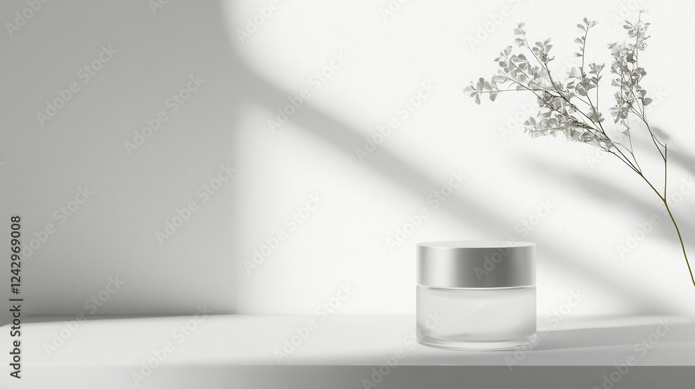 Poster white table with a small vase on it. the vase has a silver lid and is placed on the right side of th