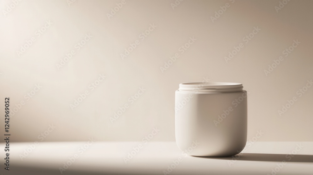 Poster close-up of a white ceramic jar with a lid. the jar is empty and is placed on a plain white surface.