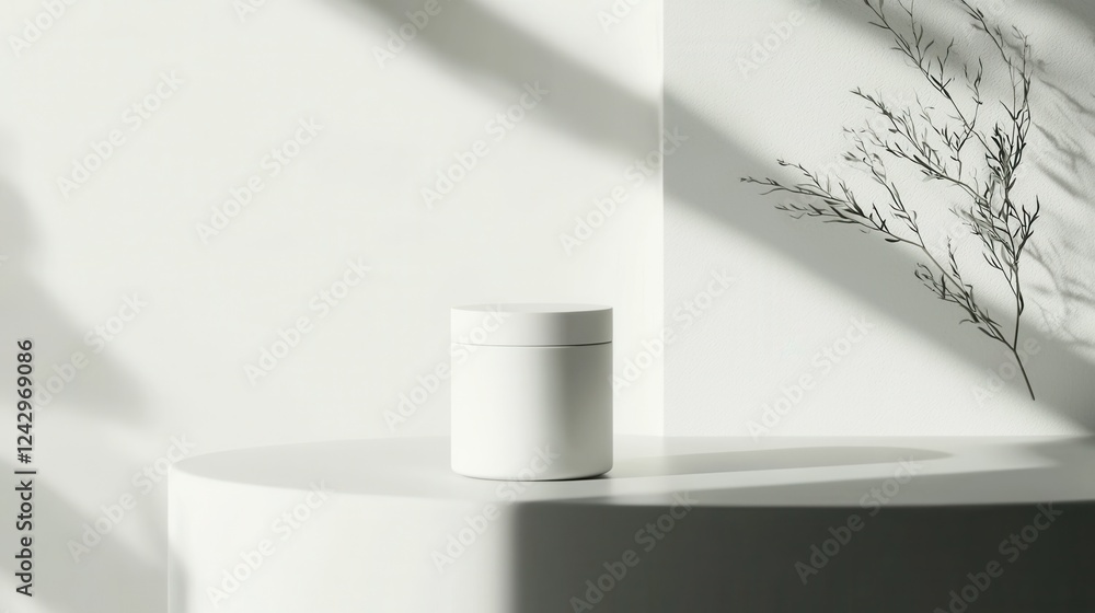 Poster white cylindrical container with a lid on a white pedestal. the container is placed against a white 