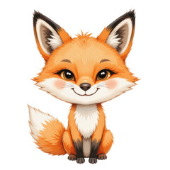 Obraz premium Cute Cartoon Fox with Fluffy Tail and Big Ears Sitting and Smiling Adorably on a White Background