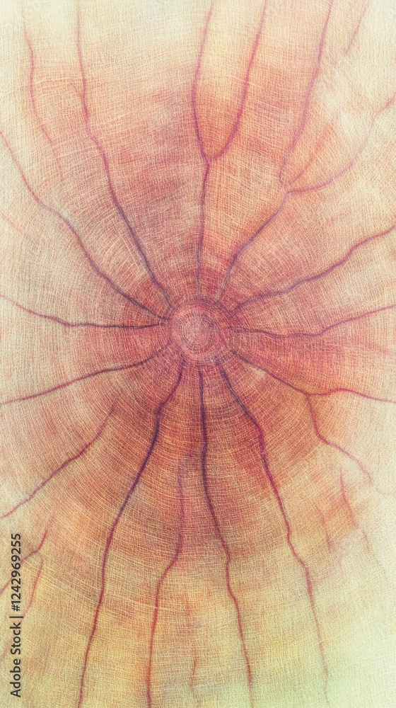 Poster a textured abstract image featuring intricate lines radiating from a central point, with soft hues o