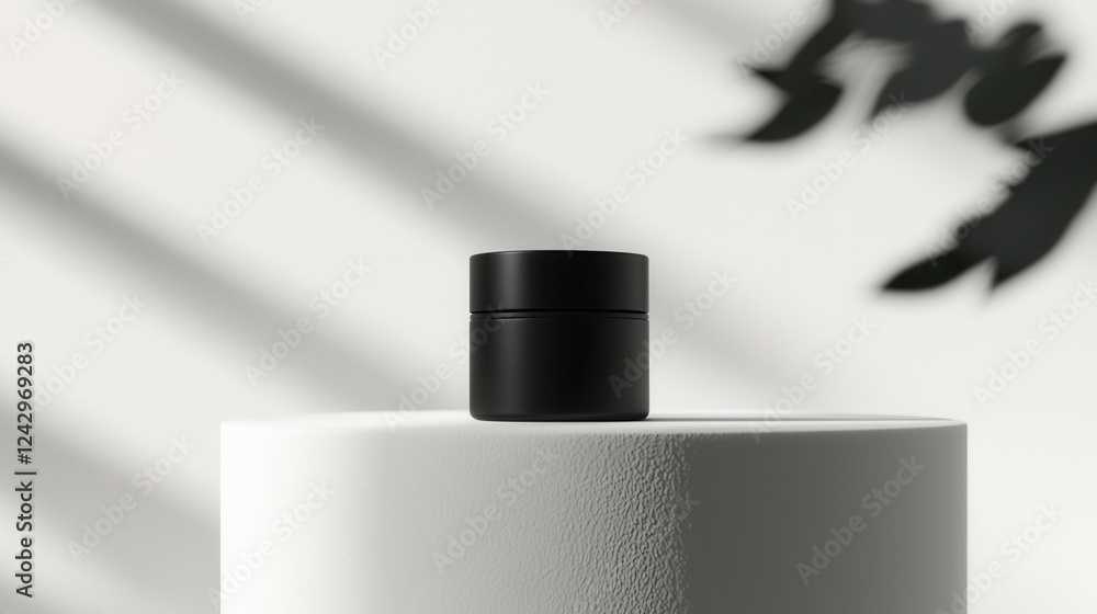 Poster black cylindrical container with a lid on top of a white pedestal. the container appears to be made 