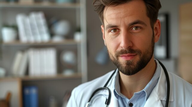 Confident doctor portrait healthcare professional friendly physician stethoscope medical expertise medicine trust reliable face