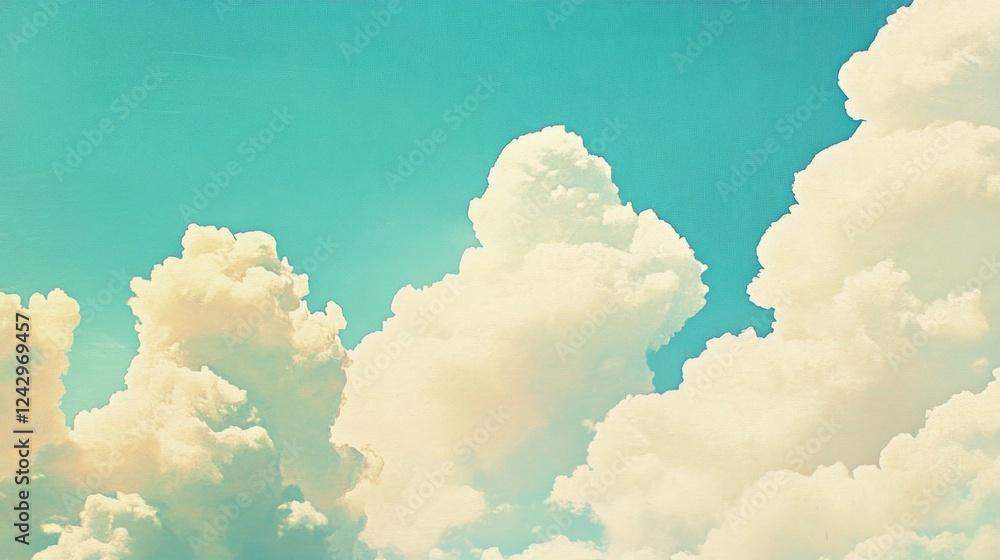 Poster soft, billowing white clouds float gently against a vibrant blue backdrop, creating a tranquil atmos