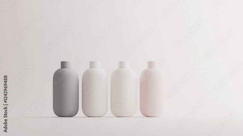 Poster four bottles of different sizes and shapes arranged in a row on a plain white background. the bottle