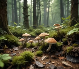 Fototapeta premium Small mushrooms growing in a forest floor ecosystem, grassy terrain, wildflowers