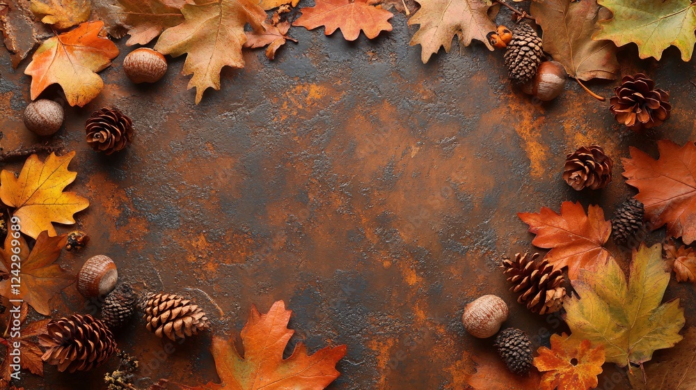 Poster autumn leaves and pine cones forming a frame on a rusty background