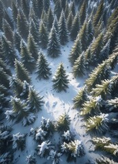 Obraz premium Snow covered fir tree forest landscape from aerial view, frozen forest, cold climate
