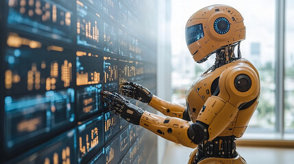 Futuristic robotic arm interacting with digital interface in smart factory, showcasing advanced technology and automation in modern industrial setting
