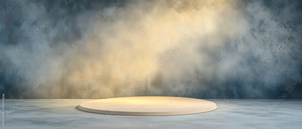 Poster a circular platform illuminated by soft, diffused light against a textured gray backdrop, creating a