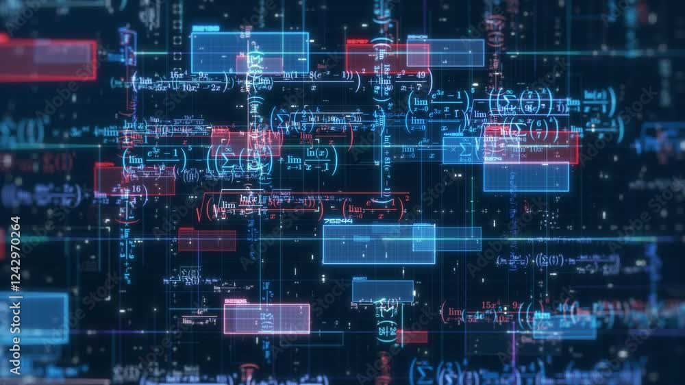 Poster complex futuristic network with math expressions and equations, concept of ai assistant, machine lea