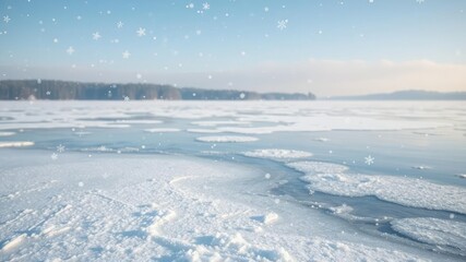 Obraz premium Snowflakes gently falling onto a frozen lake with a serene and untouched landscape, snowflakes, frosty