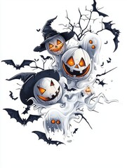 Spooky halloween celebration with ghosts and pumpkins festive atmosphere digital illustration whimsical style