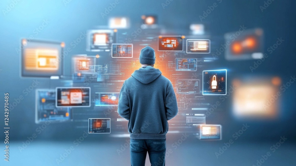 Poster a person in a hoodie stands before floating digital screens, engaging with high-tech data visualizat
